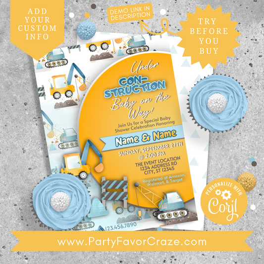 Under Construction Theme Baby Shower Invitation